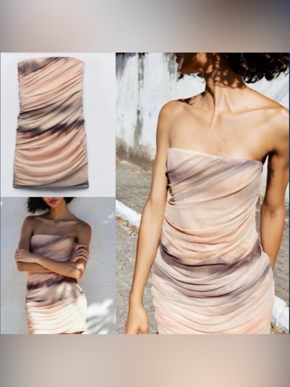 Zara Strapless Ruched Mini Dress in Blush and Taupe Marble